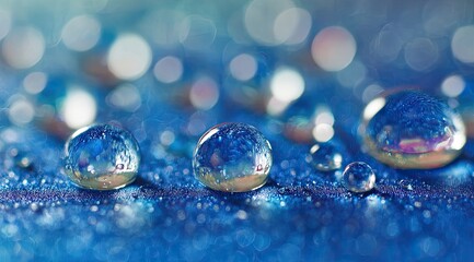 Close-up of water droplets on a dark blue surface.  Colorful reflections.  Bokeh effect