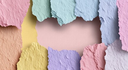 Colorful paper pieces create a textured frame