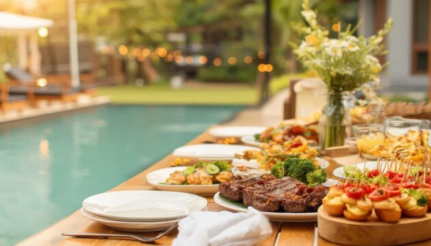 Outdoor poolside buffet table with grilled steak appetizers and fresh flowers catering event in tropical location - Powered by Adobe