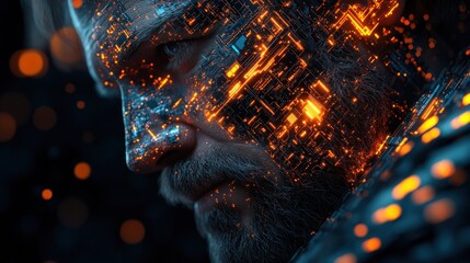 Close-up of a man's face with glowing circuit patterns