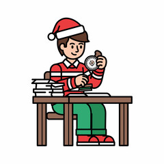 Flat vector christmas elf crafting toys in workshop illustration