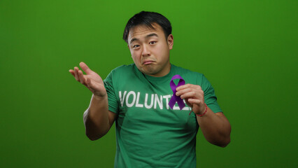 Fototapeta premium Man wearing volunteer shirt holds purple ribbon against green background representing support and awareness.