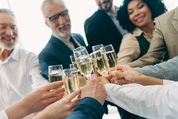 Professional colleagues toasting with champagne glasses during a collaborative corporate celebration in a modern office