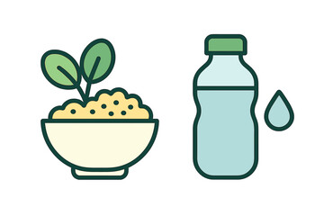 Sprouting plant in a bowl next to a water bottle symbolizing healthy food and hydration
