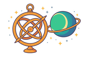 Detailed golden armillary sphere connected to a stylized planet and sparkling stars in the cosmos