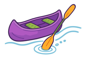 Colorful purple canoe and paddle floating on blue water surface creating ripples