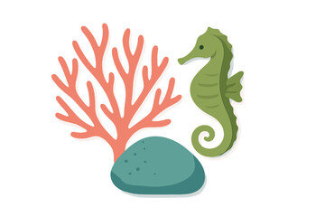 Stylized green seahorse with layered paper effect swimming near red coral and a textured stone
