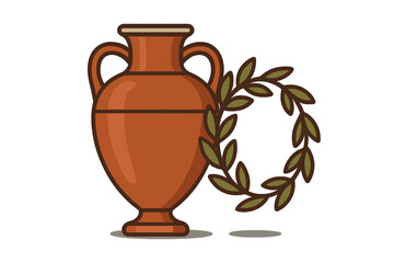 Traditional terracotta amphora jar and classical olive laurel wreath symbol