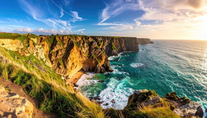 Obraz premium Coastal Cliff Overlooking Turquoise Ocean Water Under a Bright Sunny Sky with Dramatic Clouds and Gentle Waves on a Rocky Shoreline
