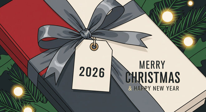 Elegant 2026 Merry Christmas and Happy New Year Gift Box Surrounded by Festive Greenery and Soft Bokeh Lights