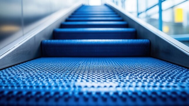 Close-up of blue moving staircase steps
