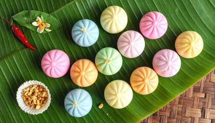 Colorful Filipino Espasol Sweets Dusted with Powder Arranged on a Banana Leaf with Chili and Nuts