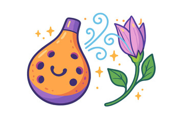 Smiling cartoon diffuser bottle with floral scent next to a blooming purple flower