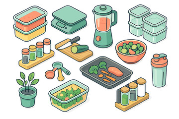 Isometric set of meal preparation equipment, food containers, kitchen scale, blender, and fresh ingredients