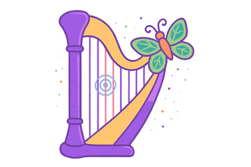 Colorful whimsical harp with a large green butterfly and abstract musical elements