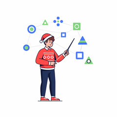 Flat vector man explains christmas data connection with festive spirit