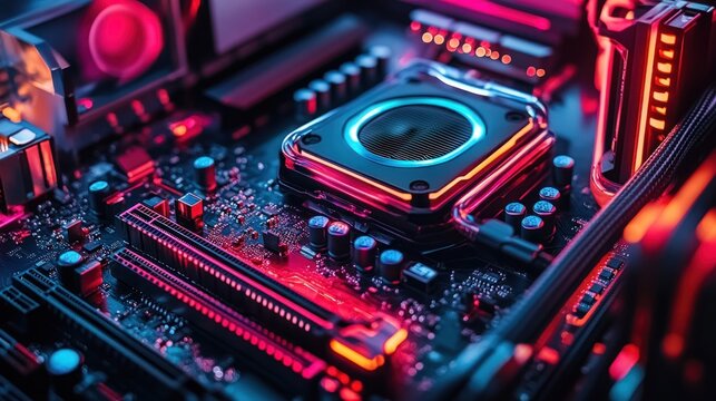 Close-up of glowing computer motherboard