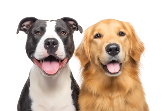 Happy Duo: Pit Bull and Golden Retriever Portraits isolated on a transparent background
