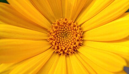 Close up macro shot of a vibrant yellow flower center with intricate details of petals and stamen in bright daylight highlighting natural beauty and texture