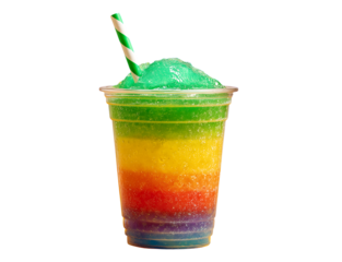 Colorful Layered Rainbow Slushie Drink isolated on a transparent background with Striped Straw