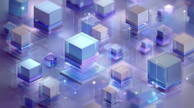 Abstract Isometric Cubes Forming Network Connection in Blue and Purple Tones Digital Technology Concept Visualization Connection Nodes