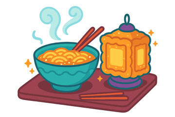 Steaming bowl of Asian noodles with chopsticks next to a decorative orange lantern on a serving tray