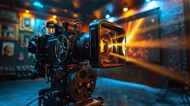 Vintage camera projecting light onto a screen in a dimly lit studio setting