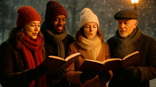 A heartwarming winter night filled with people singing joyful Christmas carols under glowing lights and gentle falling snow. Generative AI.