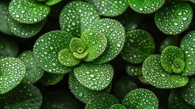 Close-up of vibrant green leaves covered in dew drops - Powered by Adobe