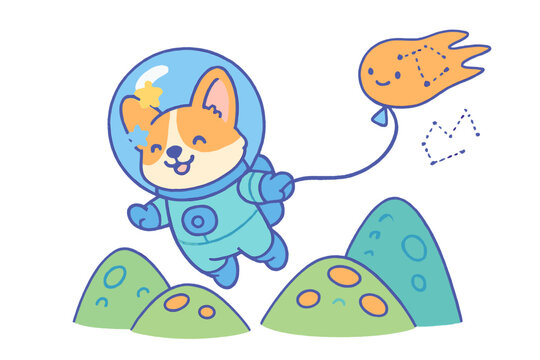 Cute Corgi dog astronaut floating in space holding a smiling comet balloon over alien landscape