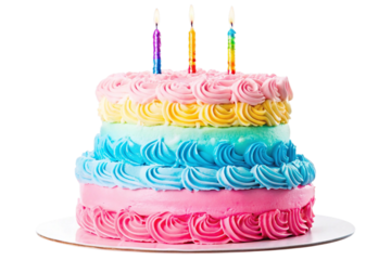 Colorful two tier birthday cake with candles isolated on transparent background