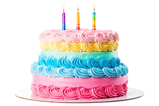 Colorful two tier birthday cake with candles isolated on transparent background - Powered by Adobe