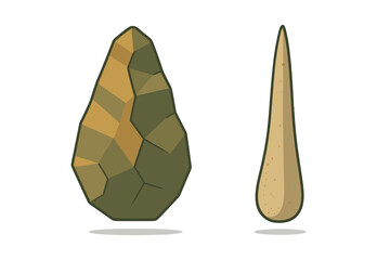 Prehistoric stone tools set including a chipped hand axe and a sharp pointed implement