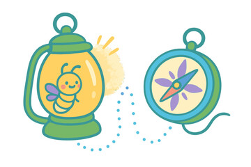Cute cartoon firefly glowing inside a lantern connected by a dotted line to a navigational compass