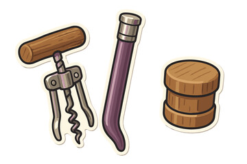 Essential wine accessories set featuring a classic corkscrew, foil cutter, and natural wooden bottle stoppers