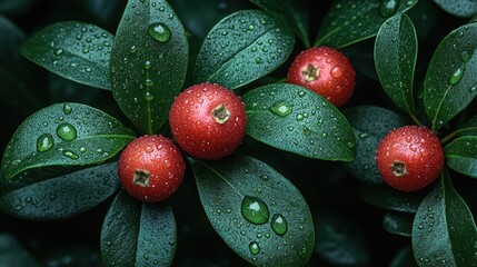 Close-up of vibrant red berries on dark green leaves, covered in water droplets