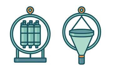 Two abstract icons representing industrial filtration systems and business process funnels