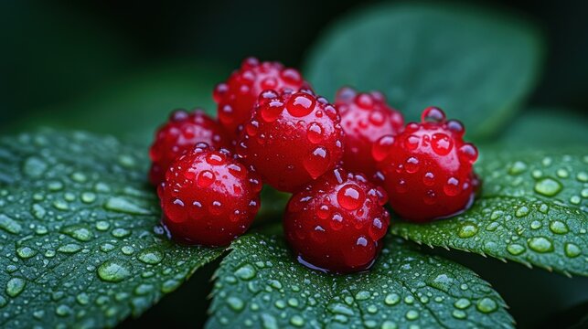 Close-up of vibrant red berries with water droplets on lush green leaves - Powered by Adobe