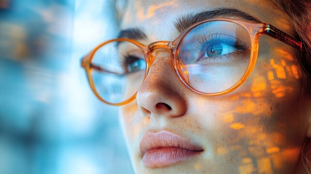 Close-up of woman in glasses, light patterns on face