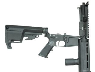 Upper and lower receives on an AR-15 rotated apart
