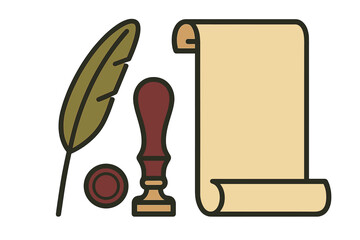 Vintage writing set featuring a feather quill, blank parchment scroll, and wax sealing kit