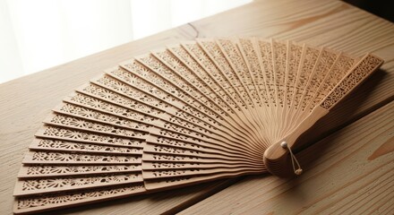 Intricately carved wooden hand fan resting on wooden table