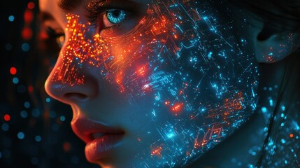 Close-up woman, face, digital overlay