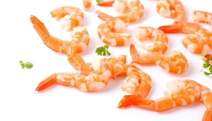 Fresh shrimp scattered on white background