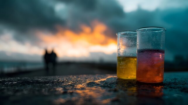 Two colorful beakers with liquids sit on a wet surface against a dramatic sunset sky with a blurred couple walking in the distance