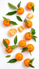 Fresh tangerines with leaves on a white background