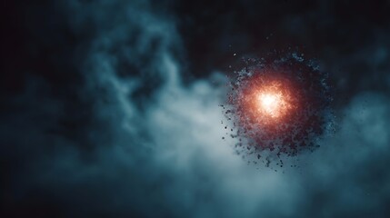 A vibrant particle explosion radiates from a glowing core within a dark cosmic atmosphere