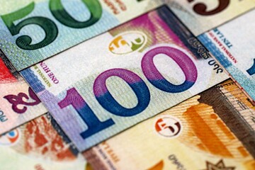 Georgian Lari currency money bills in big amount. GEL currency banknotes with different denomination close up