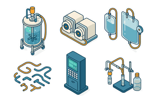 Isometric set of bioprocessing machinery, laboratory apparatus, pumps, and fluid containers