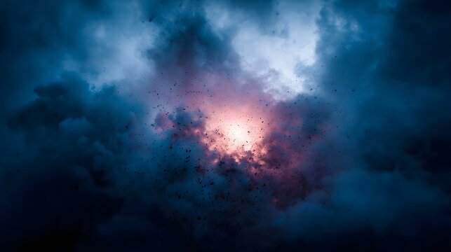 A dramatic explosion of light and particles within dark swirling clouds evoking cosmic energy
